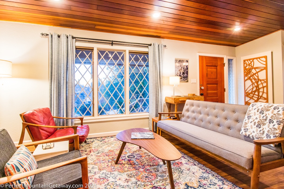 Step back in time with refurbished mid century furniture and accent pieces. There is a cohesive design and interesting touches in every room.